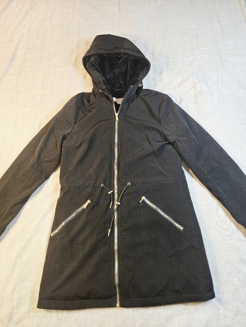 Laundry by Shelli Segal Womens S Black Faux Fur Lined Hooded Parka Gold Hardware